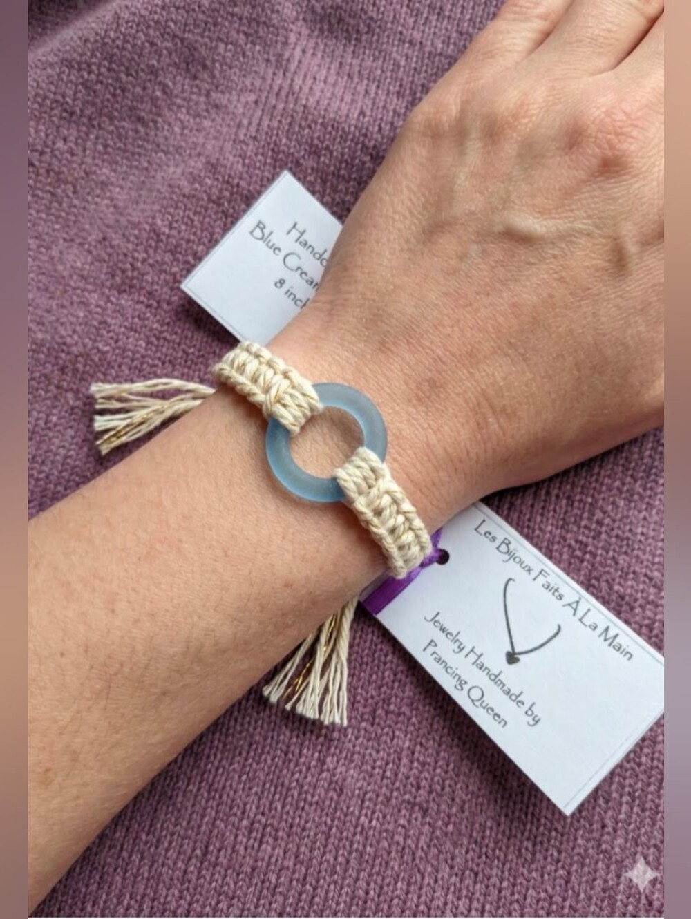 Handmade Sea Glass Circle Macramé Karma Adjustable Bracelet Blue Cream 8" +